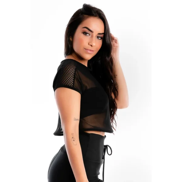 Blusa Cropped Tela Transparente Preta