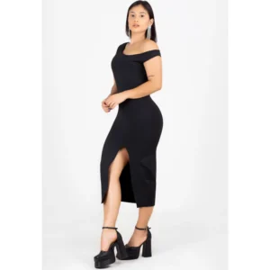 Vestido Midi Ombro a Ombro Tubinho com Fenda