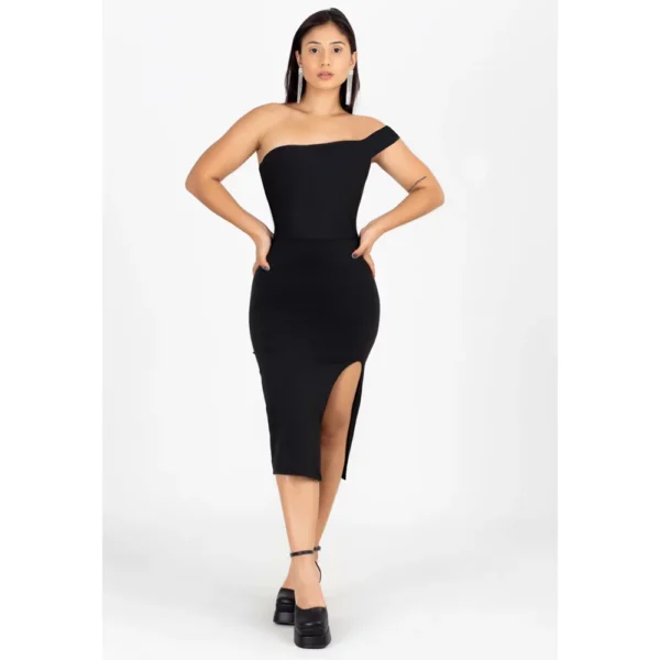 Vestido Midi Tubinho com Fenda e Manga Única