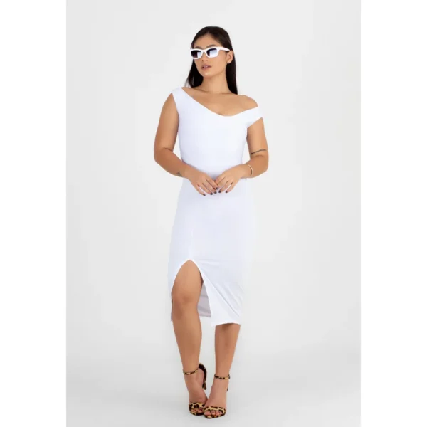 Vestido Midi Ombro a Ombro Tubinho com Fenda