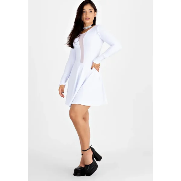 Vestido Godê Manga Longa com Decote em Tulê