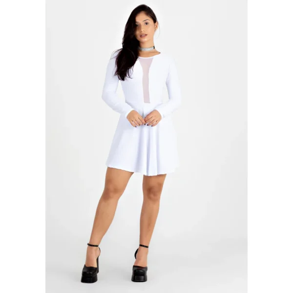 Vestido Godê Manga Longa com Decote em Tulê