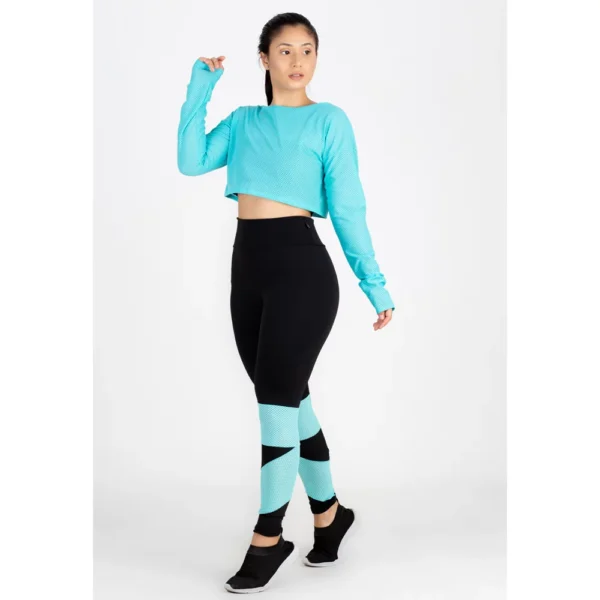 Conjunto Fitness Calça Legging + Cropped de Telinha Manga Longa Azul Turquesa