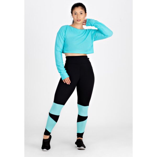 Conjunto Fitness Calça Legging + Cropped de Telinha Manga Longa Azul Turquesa