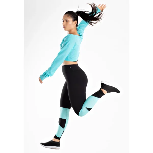 Conjunto Fitness Calça Legging + Cropped de Telinha Manga Longa Azul Turquesa