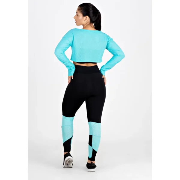 Conjunto Fitness Calça Legging + Cropped de Telinha Manga Longa Azul Turquesa